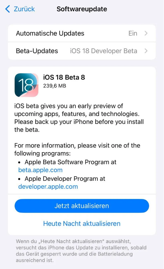 白云苹果手机维修分享苹果 iOS / iPadOS 18 开发者预览版 Beta 8 发布 